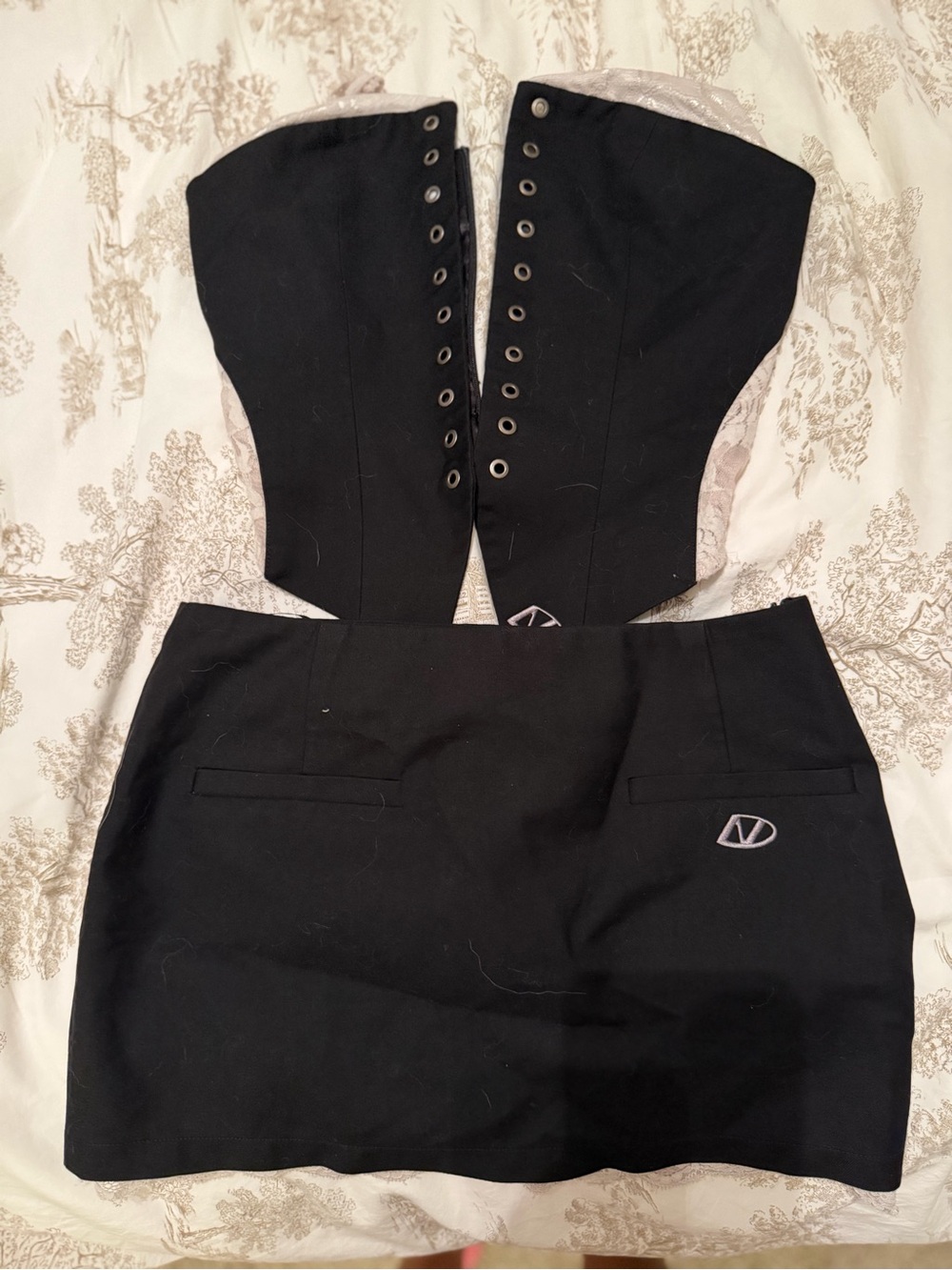 Black Corset Mini Skirt Set with Logo Detail